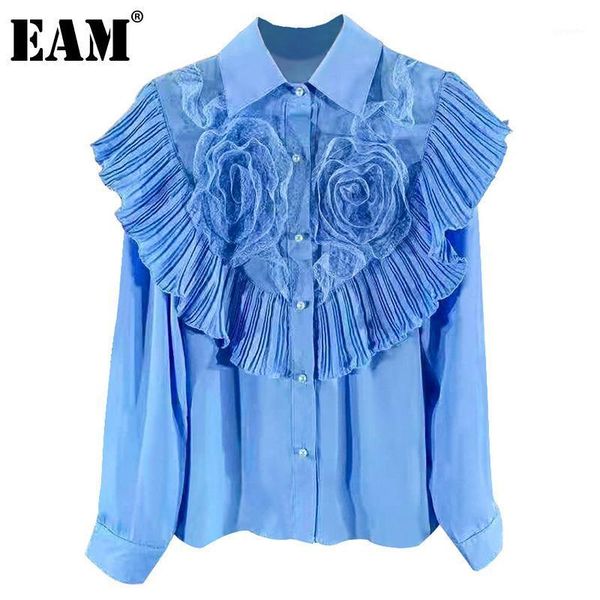 

eam] women blue flower pattern ruffles blouse new lapel long sleeve loose fit shirt fashion tide spring autumn 2021 1dd27361, White
