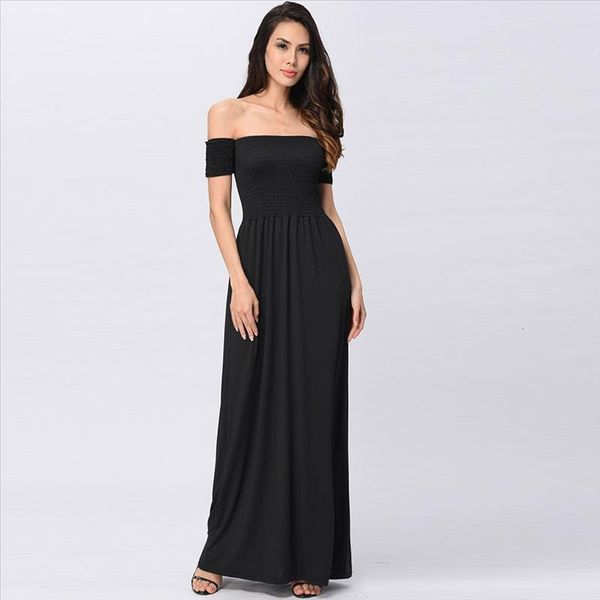 

womens off shoulder elegant vintage summer beach holiday party slash neck long maxi pleated dress robe longue femme#35, Black;gray