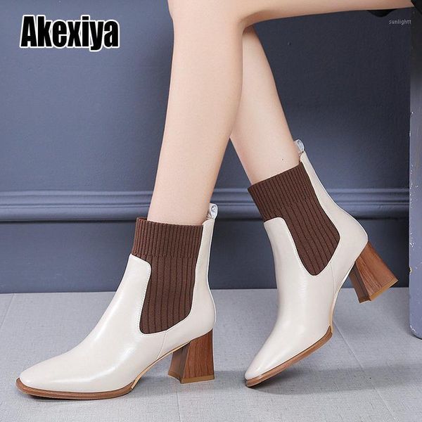 

boots 2021 autumn fashion women square toe elastic ankle winter female beige black thick high heels party shoes w1391