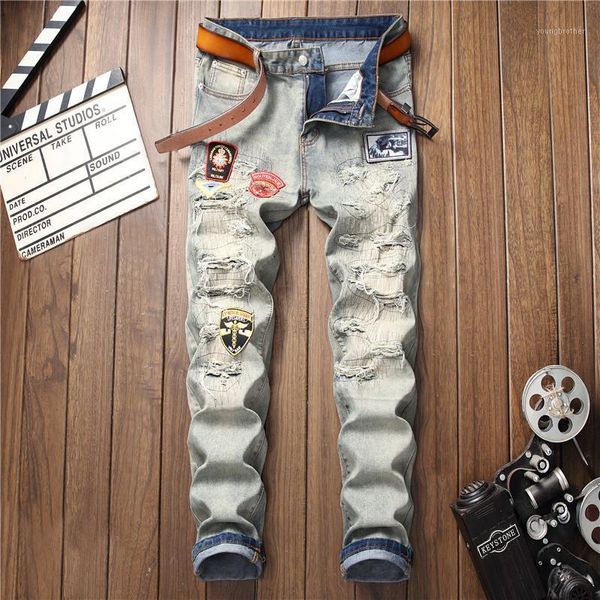 

men's jeans casual men's pants style embroidery retro blue ripped straight stretch 2021 winter and autumn1