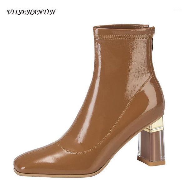 

european american thick heel stretch boots square toe french retro short boots caramel patent leather shiny fashion women1, Black