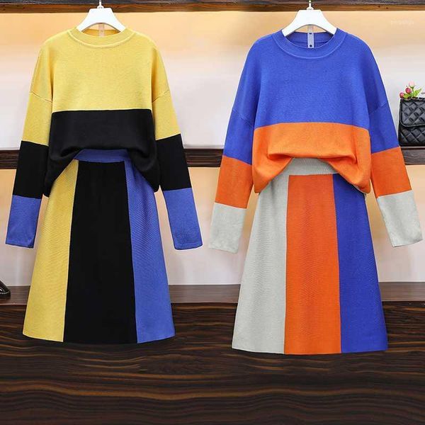 

knitted suit women warm women's 2 piece knit set with skirt shirt female plus size large outfits 2020 winter autumn clothing1, White