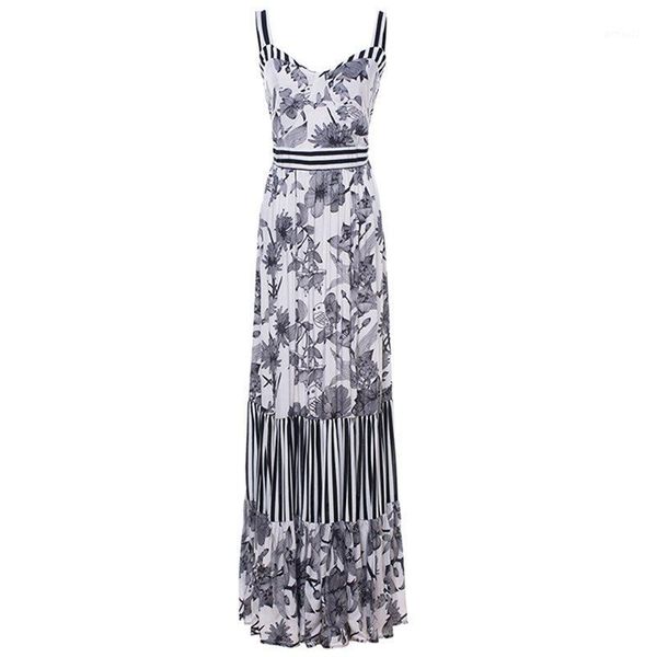 

casual dresses women maxi boho travel beach elegant white spaghetti strap high waist floral print summer female fashion dress1, Black;gray