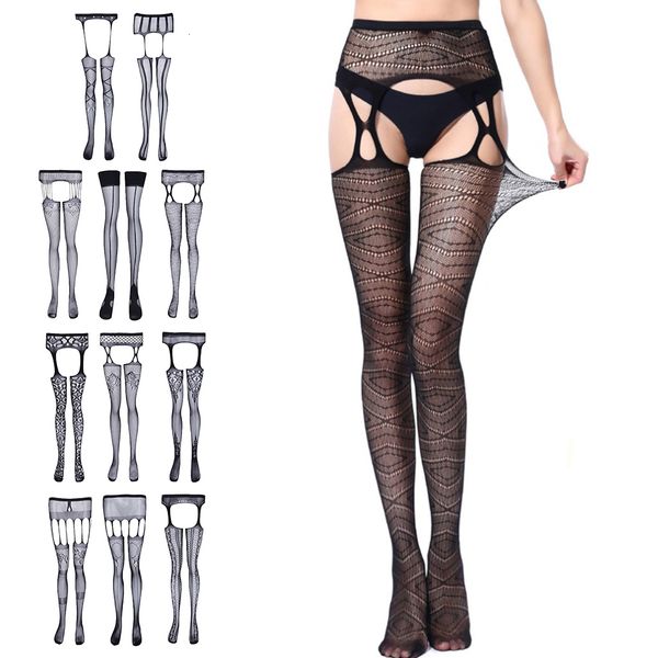 

women's thigh high fishnet tights sheer garter belt lingerie sleepwear, Black;white