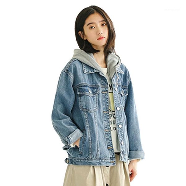 

women's jackets long sleeve loose denim button casual autumn hooded pocket women jacket1, Black;brown