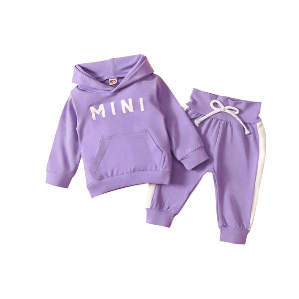 

pudcoco 2020 autumn 0-24m infant baby boy girl 2pcs set purple mini lette print front pocket hooded trousers sports outfits 1021, White