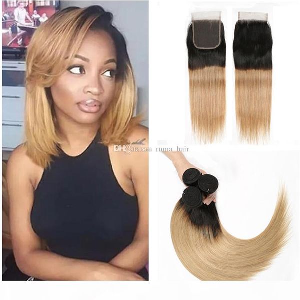 

1b 27 ombre lace closure with bundles 9a brazilian virgin human hair bundles with 4*4 closure honey blonde ombre hair weave 3 bundles, Black;brown