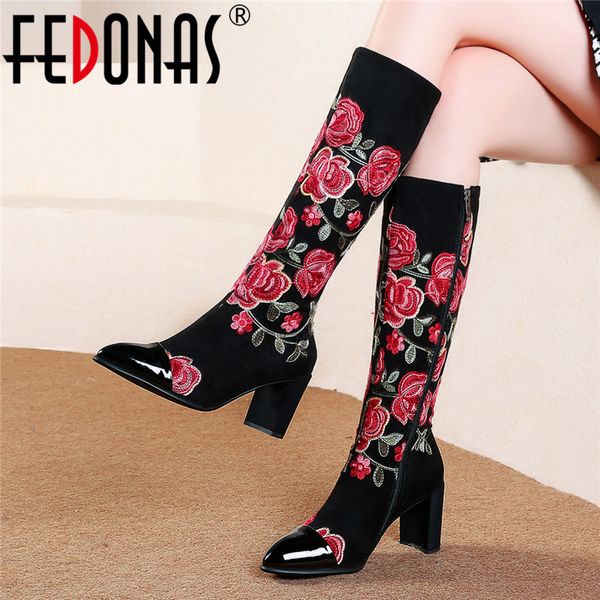 

fedonas autumn winter embroider suede women knee high boots vintage prom party shoes woman quality plus size female long boots 1026, Black