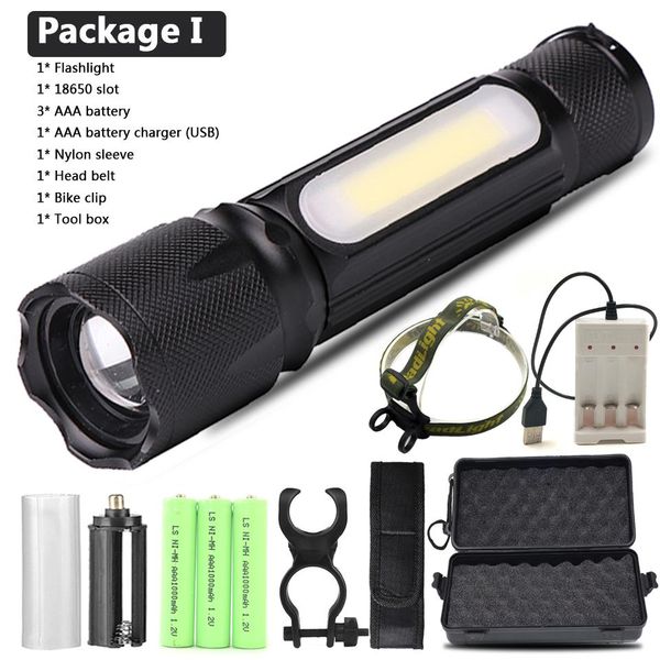 

xm l t6 коб масштабируемые 4 режимов светодиодный фонарик алюминиевый фонарик питания 18650 или ааа батареи водонепроницаемый портативный св