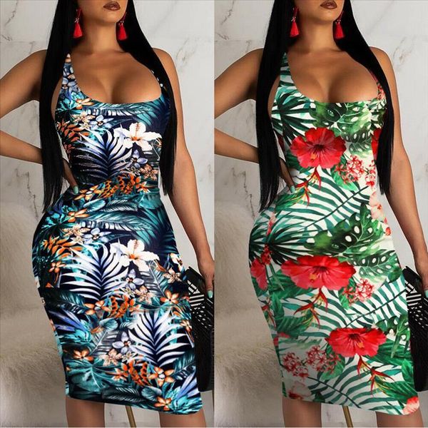 

2021 fashion womens ladies sleeveless summer boho printed beach casual loose sundress tight sling hawaiian dress, Black;gray