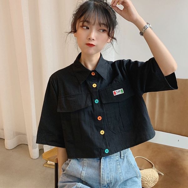 

Harajuku Women Shirt Harajuku Short Sleeve Polo Collar Casual Cotton Preppy Top Girls Fashion Letter Embroidery Blusas Femininas