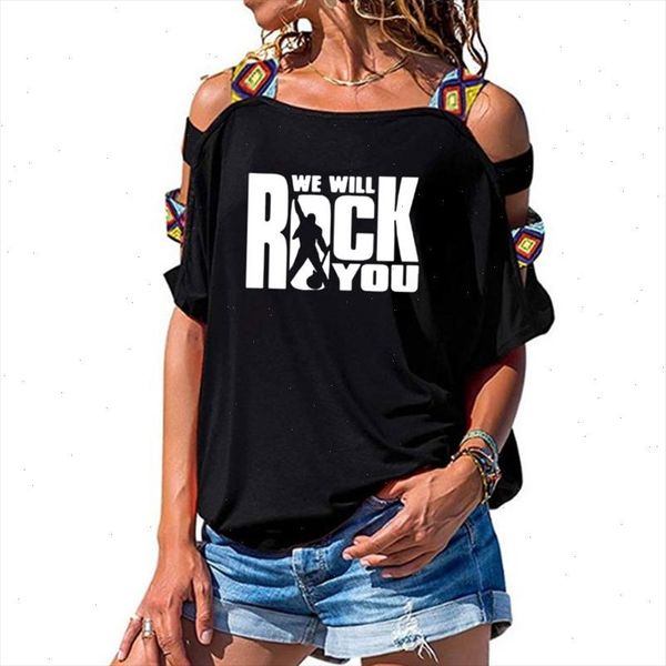 

we will rock you women t shirt summer queen rock t shirt short sleeve cotton rock roll womens hollow out shoulder, White