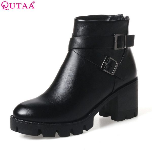 

qutaa 2020 women ankle boots square high heel zipper round toe women pu leather black ladies motorcycle boots size 34-43 t200425