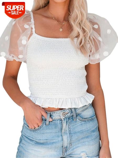 

ladies solid color short summer women bubble sleeve stringy selvedge mesh splicing t-shirt casual base shirt clothing #h49h, White