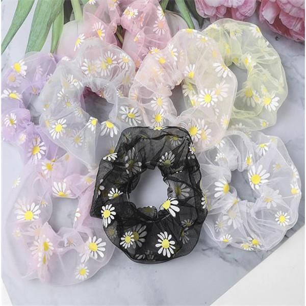 Mulheres Elastic Kawaii malha Cabelo Bandas Laço Meninas da goma Imprimir Floral Lace Scrunchie Rabo Acessórios de cabelo transparente Tulle