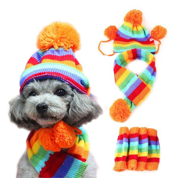 

1 set(hat+scarf+) rainbow stripe knitted dog scarf winter warm hat footwear sloves pet clothes accessories 20e