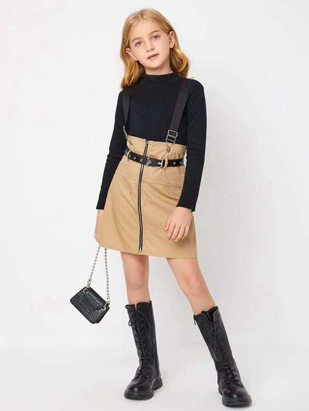 

girls zip front suspender dress with pu leather belt she, Red;yellow