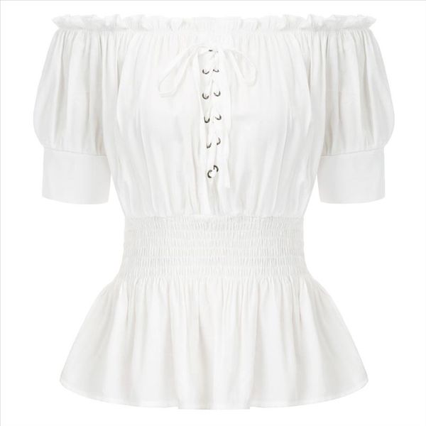 

retro women shirt gothic punk medieval 1 2 sleeve off shoulder straight neck smocked waist solid summer rockabilly blouse, White