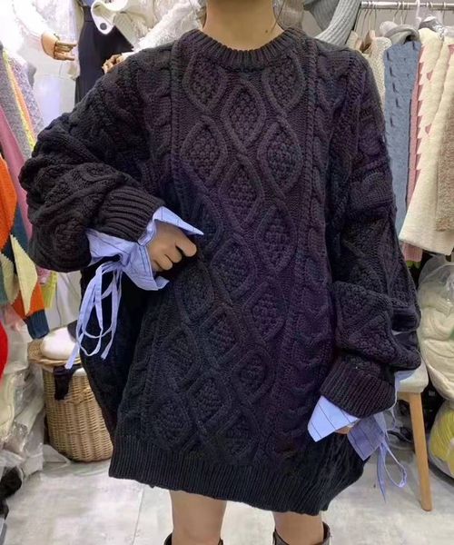 

deat 2020 round neck full sleeves knitting pullover patchwork drawstring loose winter warm sweater female lj201113, White;black