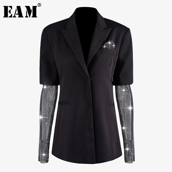 

[eam] new spring summer stand neck long spliced sleeve nail drill bling personality jacket women coat fashion tide jx889 201023, Black;brown