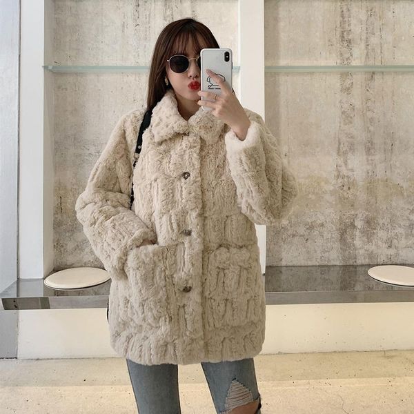 

mid-length loose big pocket thicken faux lambswool fur coat winter korean plus size long sleeve warm soft plush outerwear female, Black
