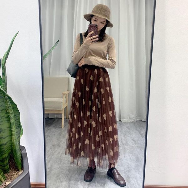 

2020autumn winter new elastic waist thin fresh peach heart a-line pleated skirt high waist casual women long skirt, Black
