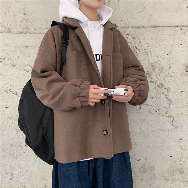 

men's solid color woolen coat 2020 winter new korean streetwear woman classic warm college style woolen coat, Black