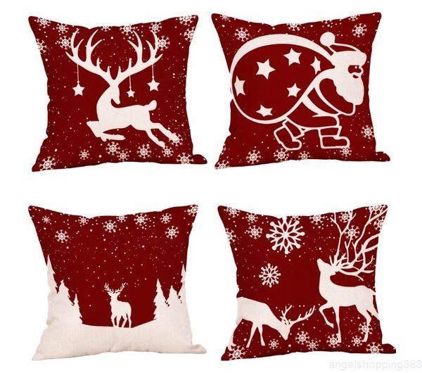 

red linen cover christmas office cushion home decoration snowflake elk santa claus pillow case 45*45cm