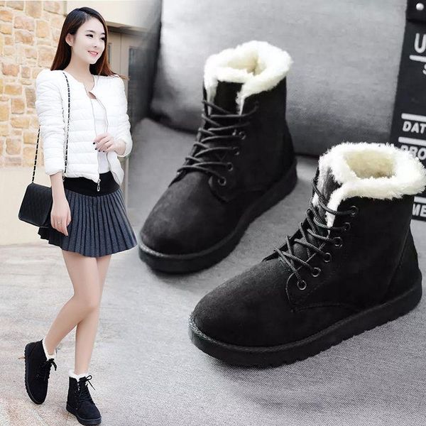 

новые 2020 осень зима boots flock теплые женщины ботильоны узелок снег короткие плюшевые хлопок обувь повседневная flats с, Black