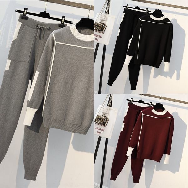 

women's autumn wear slightly fat and thinlarge size fat mm200kg knitted opcoatweater and pants two-piece set ew1e6, Gray