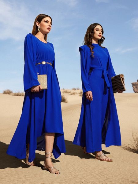 

1pc shirred waist asymmetrical hem dress & 1pc hooded coat n8sn#, White