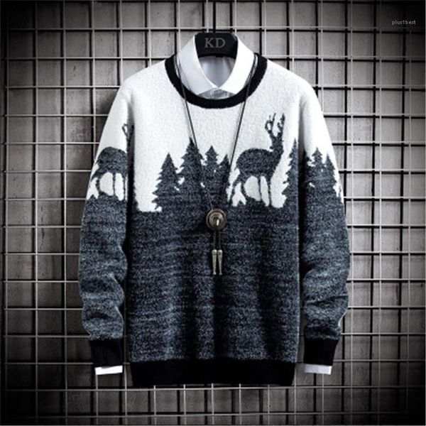 

long sleeve round neck pullover designer female new casual loose sweaters man sika deer pattern sweaters fashion trend, White;black