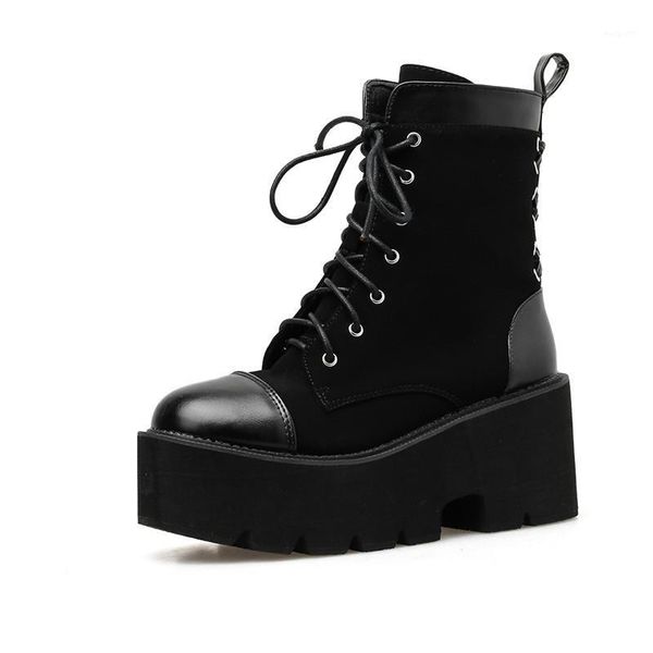 Boots Ymechic 2021 Combate de tornozelo de outono para mulheres plataformas bloqueiam sapatos punk de salto alto laço Up Gothic Biker Black1