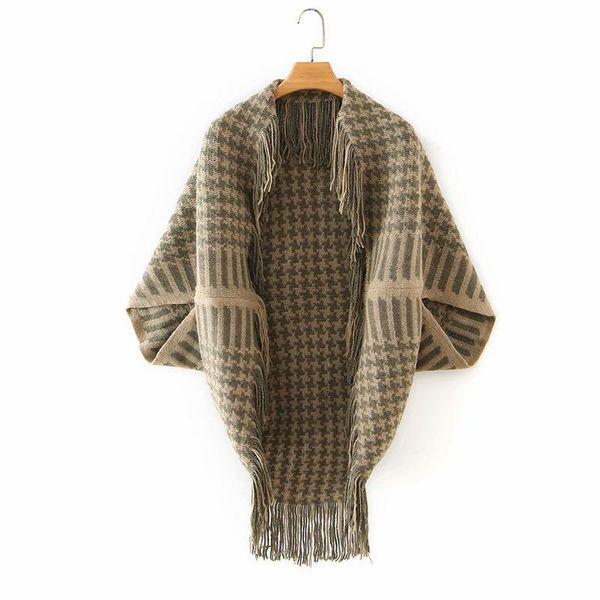 

2020 new women autumn winter houndstooth printing sweater for women jackets cloak tassel casual set of head lady sweater, White