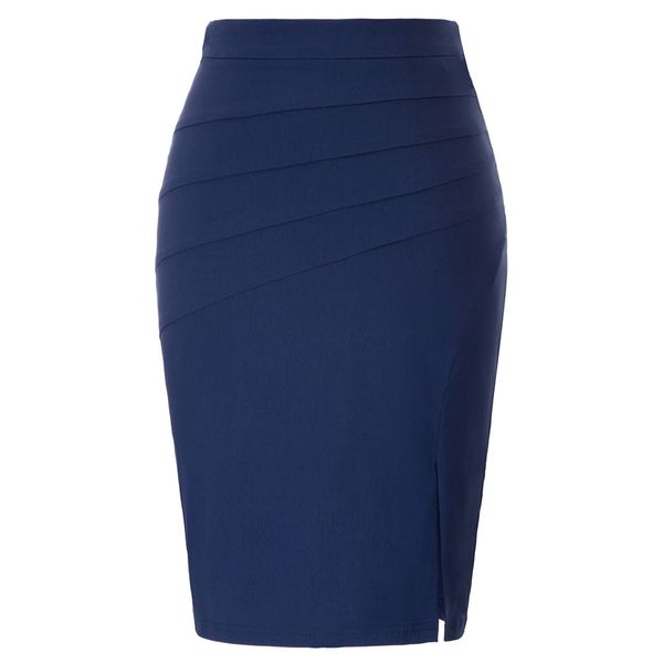 

navy blue skirt women office business wear ladies work solid color split skirt stretch ruched hips-wrapped bodycon pencil skirt y200326, Black