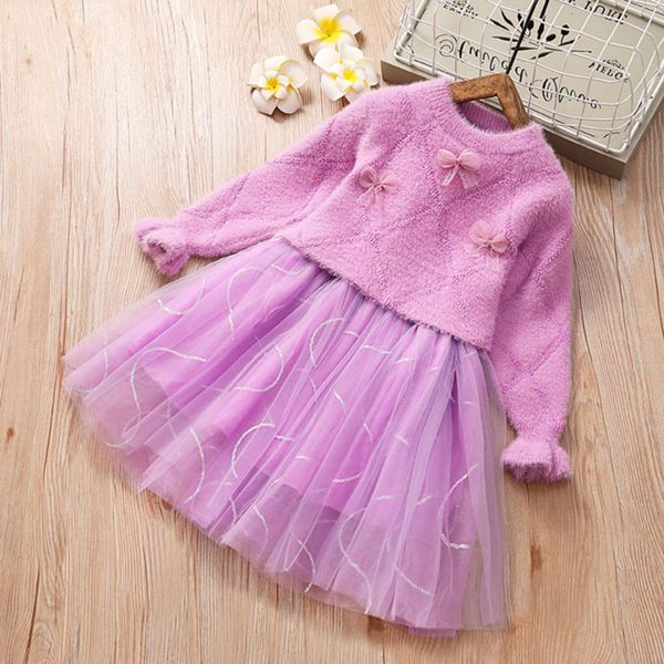 

girls' sweater drs baby autumn winter 2019 plush bow lace children's long sve princs skirt, Red;yellow