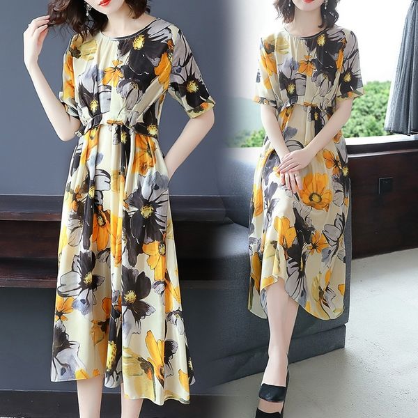 

cye7h french women size 2020 new summer women's dress temperament lady dress skirt long length medium skirtloose printed long skirt s51, Black;gray