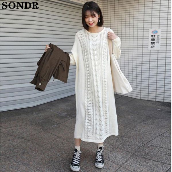 

one-piece dress plus size autumn winter knit sweater dress korean lazy ladies pullover knitted sweater 2020 clothing femme, Black;gray