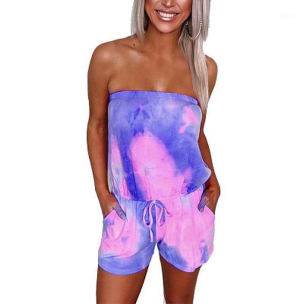 

off shoulder tube jumpsuit drawstring strapless tie-dyed pockets shorts female one-way neck tube shorts jumpsuit1, Black;white