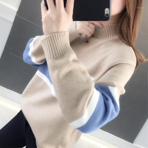 

4991f area 40 right] - real picture half high collar color blocked sweater pullover 441, White;black