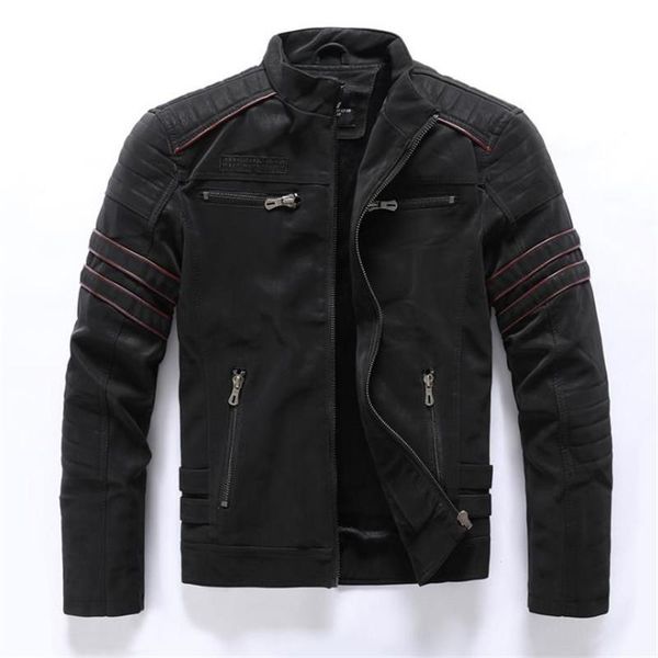 

autumn and winter men's leather jacket motorcycle suit plus velvet warmth slim coat embroidered pu leather artificial, Black
