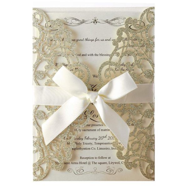 

50pcs champagne glitter laser cut invitation cards with blank inner sheets and envelopes for wedding invitations bridal shower