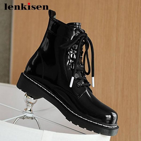 

lenkisen work boots genuine leather high fashion thick med heel round toe lace up coolest convenient young lady ankle boots l09, Black