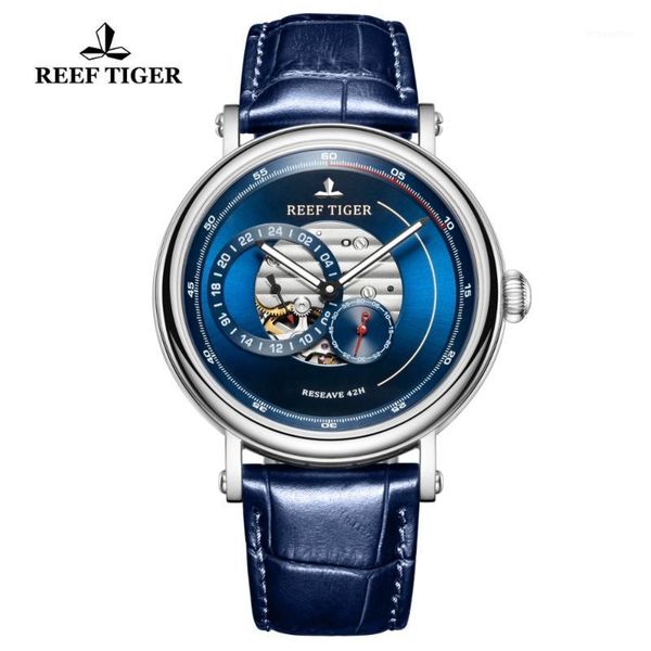 

reef tiger/rt 2020 fashion casual watch men blue designer watches genuine leather strap skeleton automatic watch gift rga16171, Slivery;brown