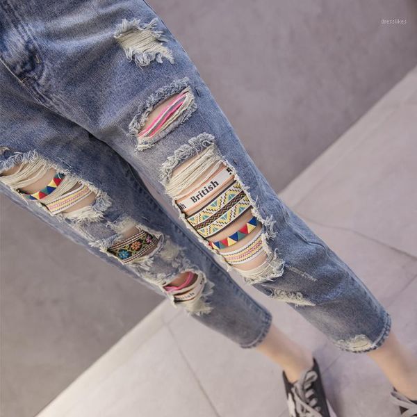 

women's jeans summer women denim pants fashion trend hole stretched high waist female vintage ankle-length plus size y3261, Blue