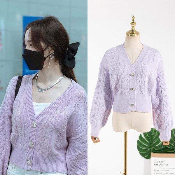 

women's knits & tees kpop korean celebrity purple fashion cardigan v-neck slim sweater women high street temperament lantern sleeve war, White