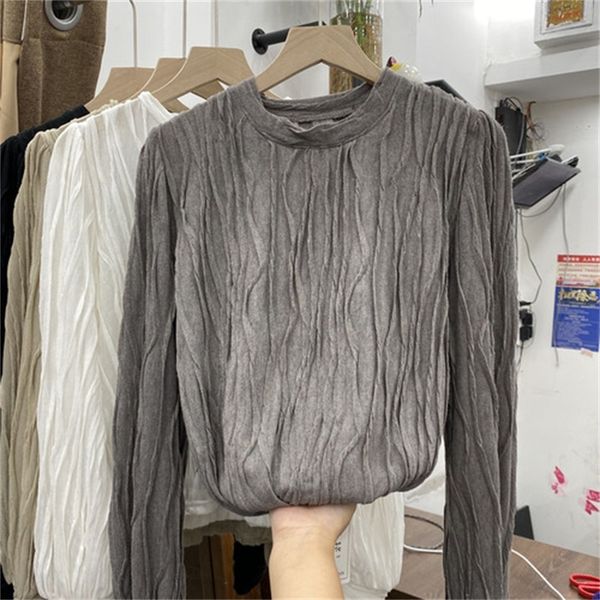 

2021 new round neck solid color pleated shirt women new hedging fashion temperament eooh, White