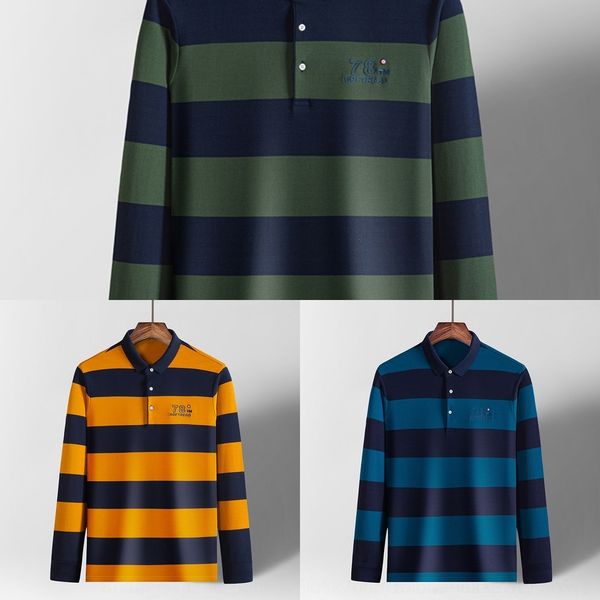 

qos9w spring and striped men's new autumn cotton young and middle-aged men's long sleeve t-shirt lapel business casual polo shirt, Blue