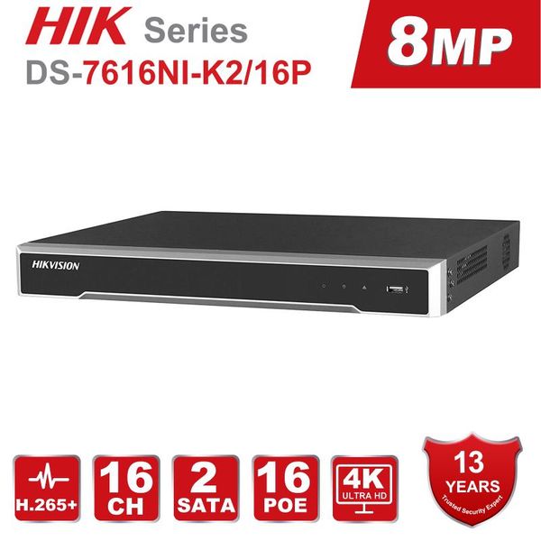 

original hikvision poe nvr 4k 8mp 16ch ds-7616ni-k2/16p embedded plug & play 4k video recorder 2 sata max 12tb 16 poe port onvif, Black;white