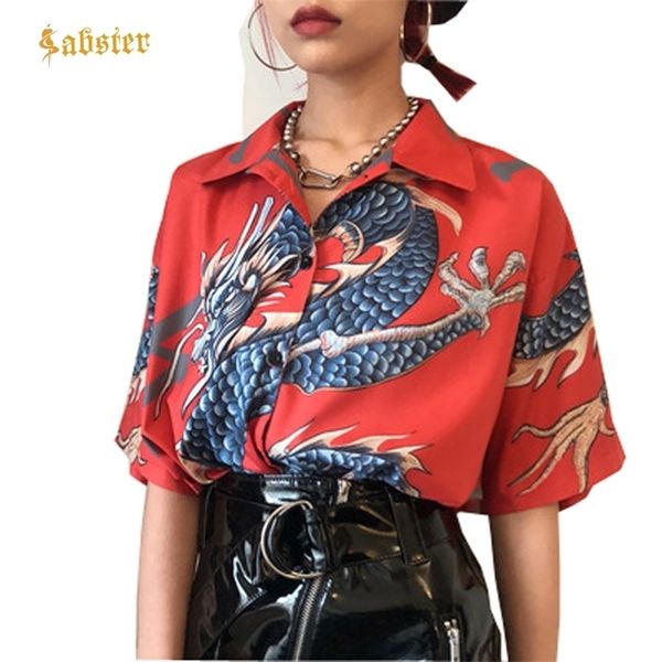 

summer women harajuku blouse women dragon print short sleeve blouses shirts female streetwear kz022 220311, White